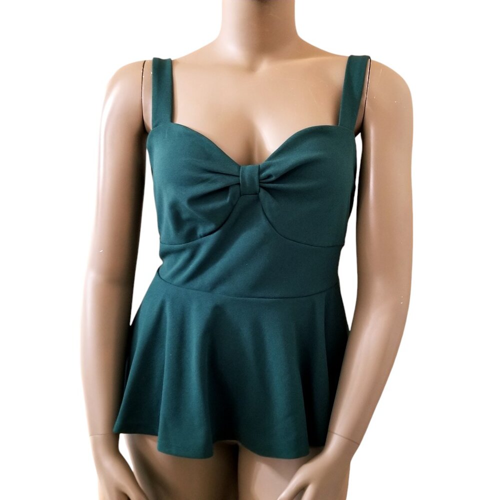Stretch Knit Sweetheart Neckline Pullover Cami Peplum Top 3XL Teal Forest Green